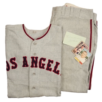 1961 Steve Bilko Complete Game Used Los Angeles Angels Road Jersey and Pants with Two Signed Flat Items (4 Pieces)